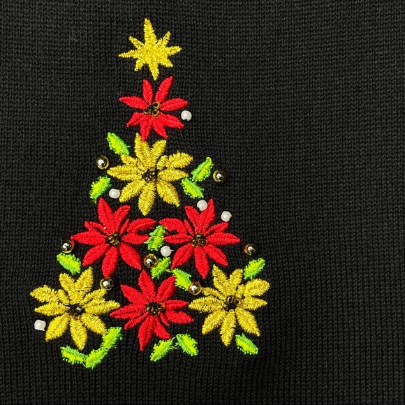 Poinsettia Christmas Tree Theme Cardigan Black with Red & Yellow Size XL - Picture 7 of 11